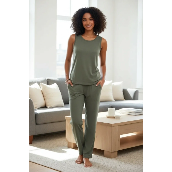 Moda Kadın Haki Yumuşak Dokulu Minimal Kolsuz Atlet Basic Günlük Rahat Üst