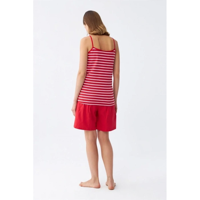 Moda Kadın İp Askılı Pamuk Penye Şortlu Takım Kırmızı