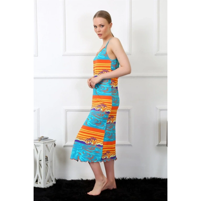 Moda Kadın İp Askılı Uzun Gecelik Mavi