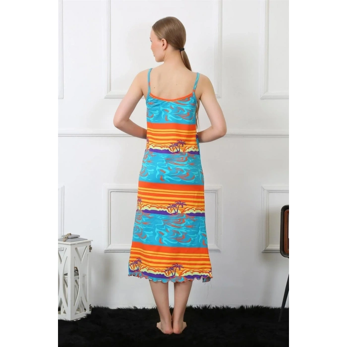 Moda Kadın İp Askılı Uzun Gecelik Mavi