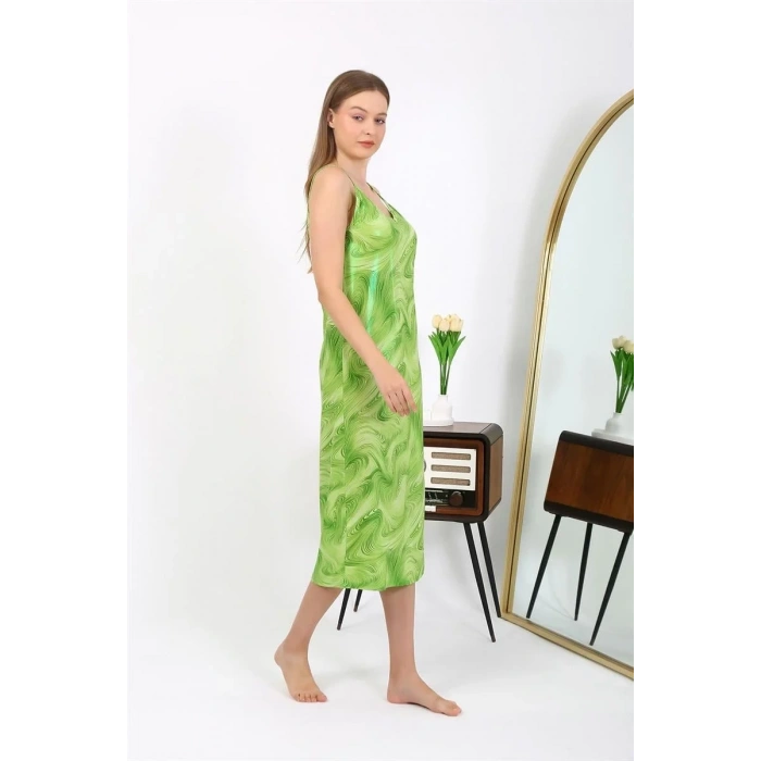 Moda Kadın İp Askılı Uzun Parlak Micro Elbise Gecelik Yeşil