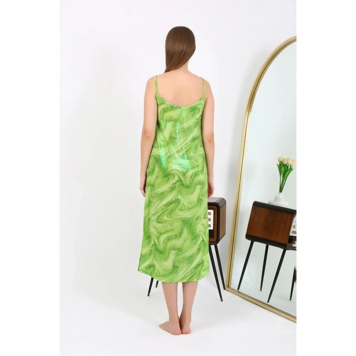 Moda Kadın İp Askılı Uzun Parlak Micro Elbise Gecelik Yeşil