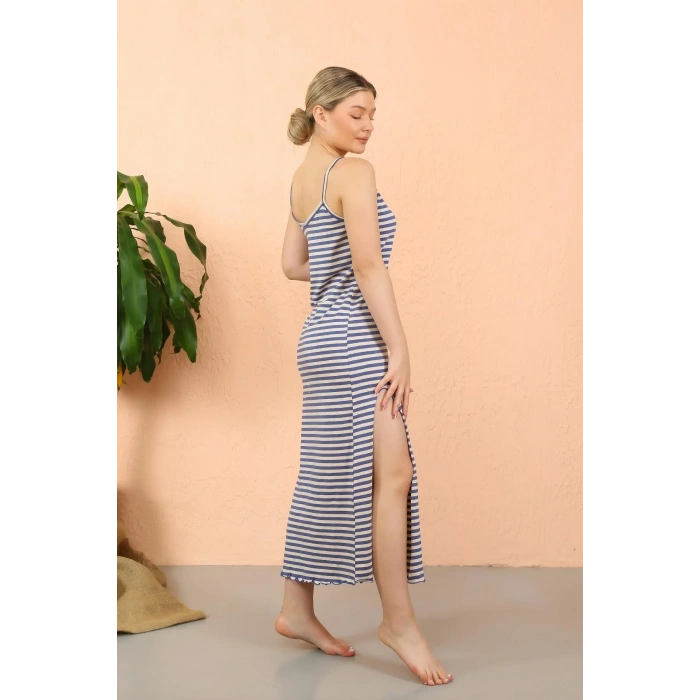 Moda Kadın İp Askılı Yırtmaçlı Uzun Mavi Gecelik