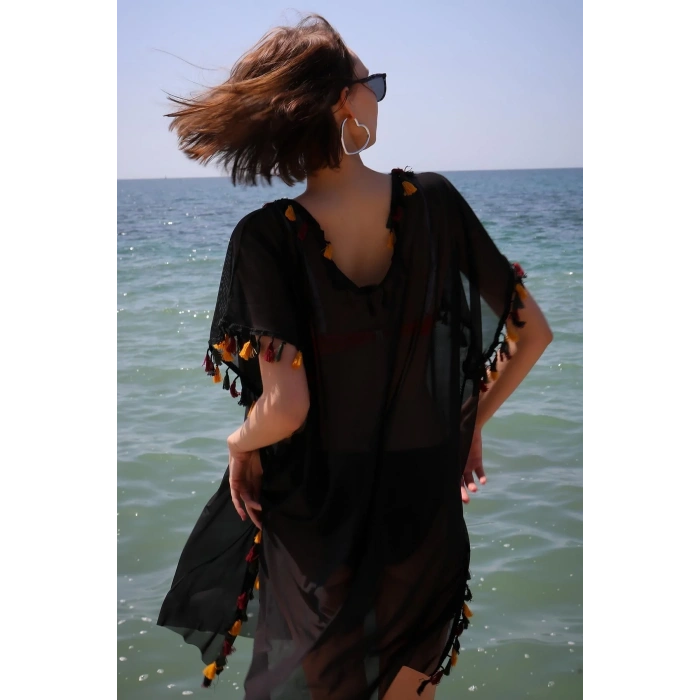 Moda Kadın İşlemeli Tunik Pareo Plaj Elbisesi Siyah