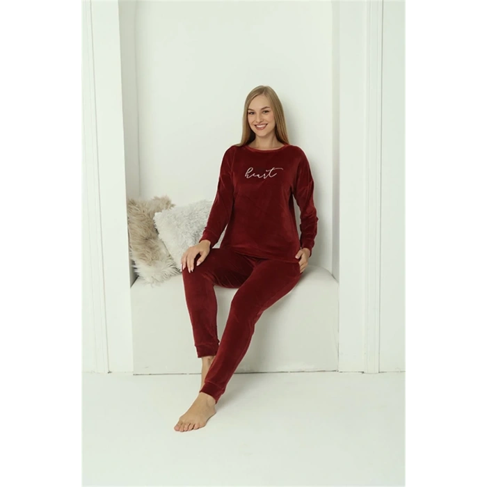Moda Kadın Kadife Bordo Pijama Takım