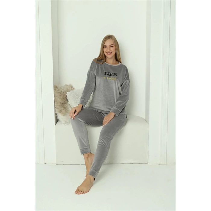 Moda Kadın Kadife Gri Pijama Takım