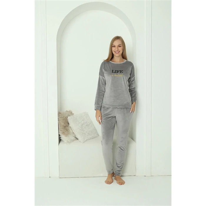 Moda Kadın Kadife Gri Pijama Takım