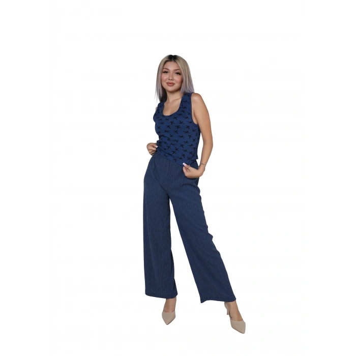 Moda Kadın Kalın Askılı Body Bol Paça Pantolon 2`li Takım Lacivert