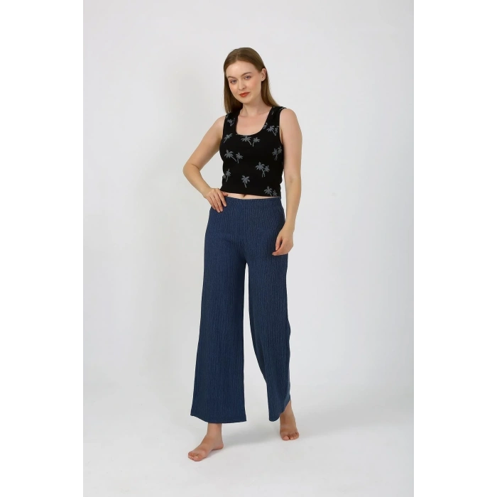 Moda Kadın Kalın Askılı Body Bol Paça Pantolon 2`li Takım Siyah