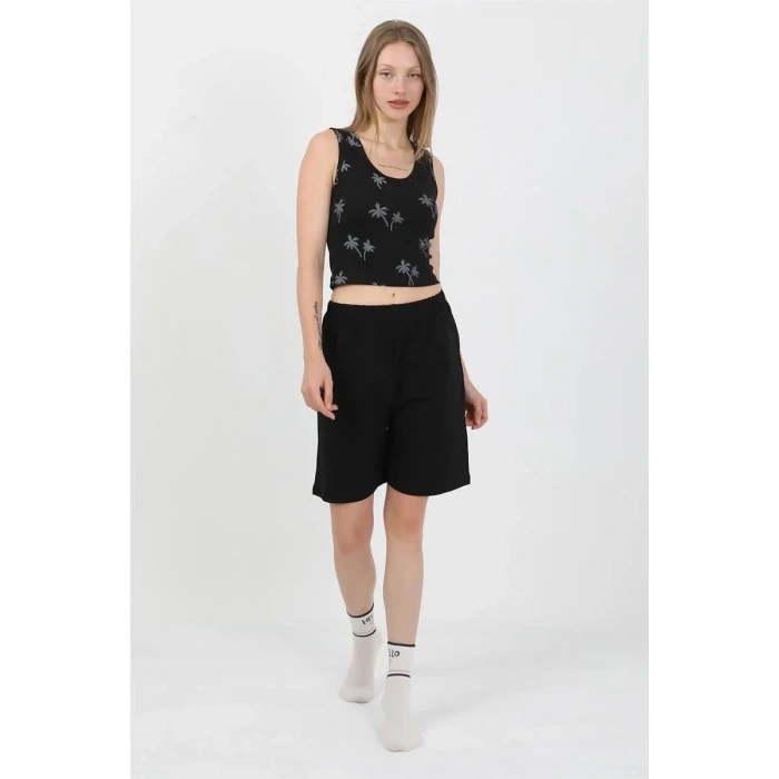 Moda Kadın Kalın Askılı Pamuk Penye Şortlu Crop Takım Siyah