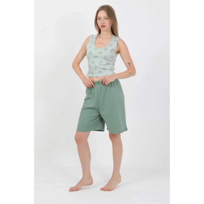 Moda Kadın Kalın Askılı Pamuk Penye Şortlu Crop Takım SuYeşili