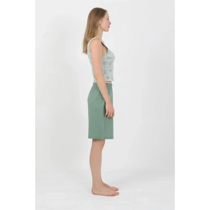 Moda Kadın Kalın Askılı Pamuk Penye Şortlu Crop Takım SuYeşili