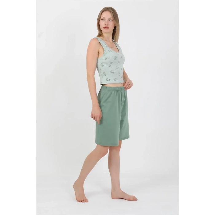 Moda Kadın Kalın Askılı Pamuk Penye Şortlu Crop Takım SuYeşili