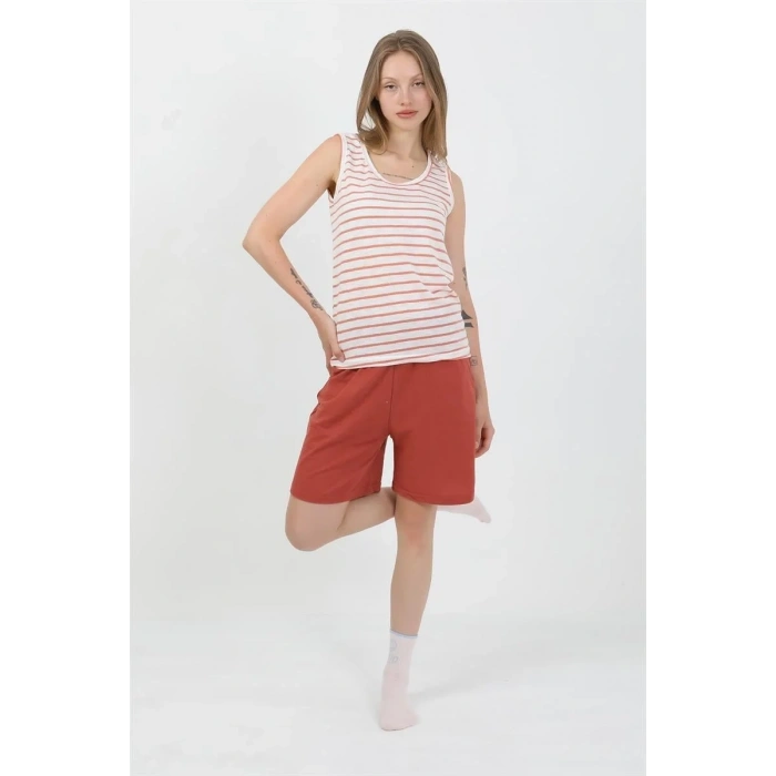 Moda Kadın Kalın Askılı Pamuk Penye Şortlu Takım Turuncu