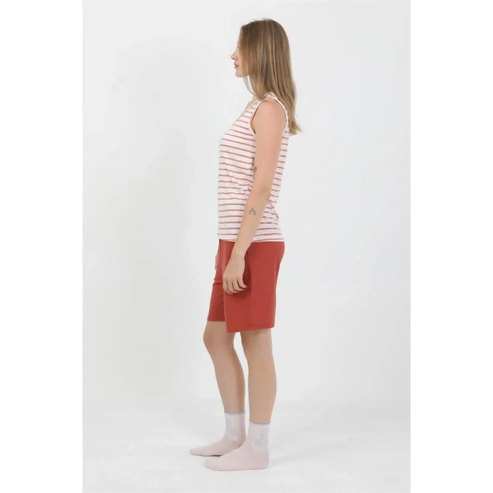 Moda Kadın Kalın Askılı Pamuk Penye Şortlu Takım Turuncu