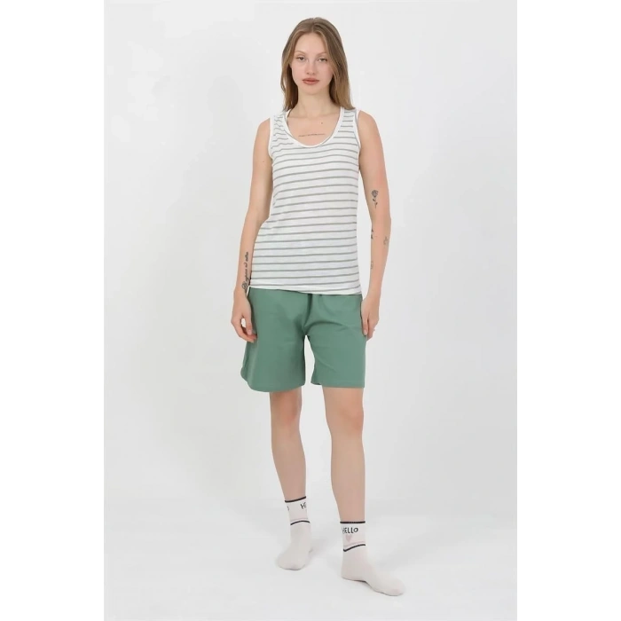 Moda Kadın Kalın Askılı Pamuk Penye Şortlu Takım Yeşil