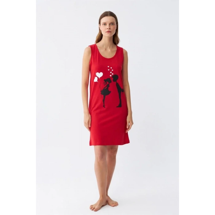 Moda Kadın Kalın Askılı Penye Diz Üstü Kırmızı Gecelik