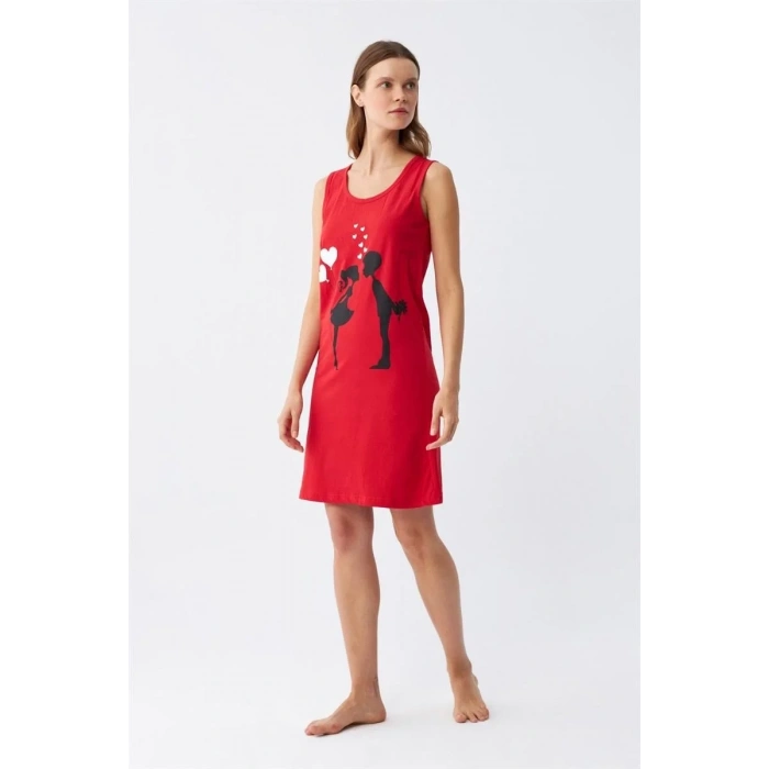 Moda Kadın Kalın Askılı Penye Diz Üstü Kırmızı Gecelik