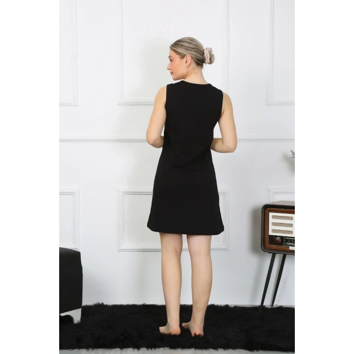 Moda Kadın Kalın Askılı Penye Diz Üstü Siyah Gecelik