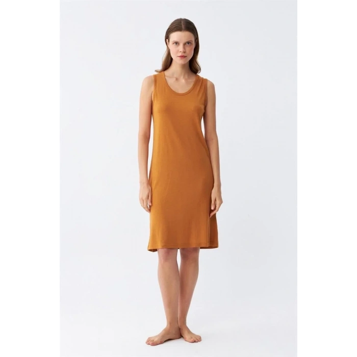 Moda Kadın Kalın Askılı Penye Gecelik Hardal