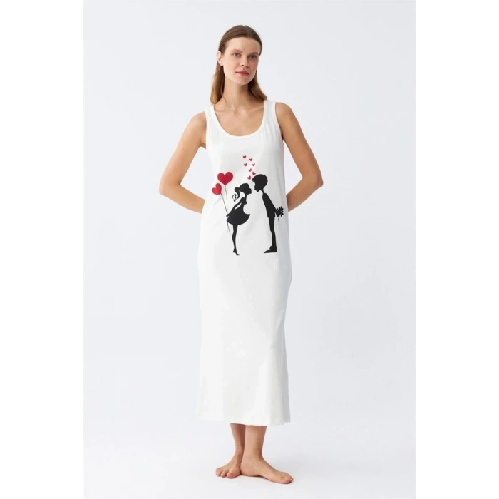 Moda Kadın Kalın Askılı Penye Uzun Ekru Gecelik