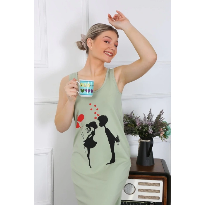 Moda Kadın Kalın Askılı Penye Uzun Fıstık Yeşili Gecelik