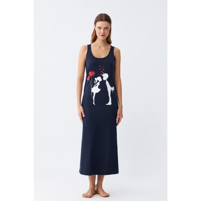 Moda Kadın Kalın Askılı Penye Uzun Lacivert Gecelik