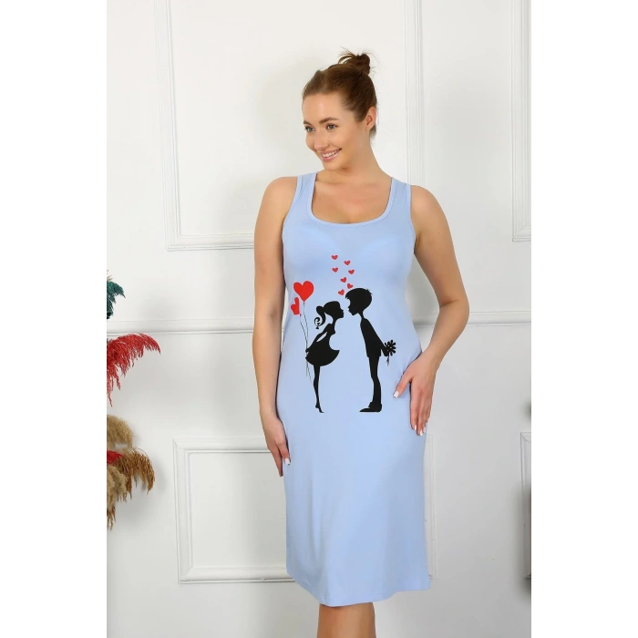 Moda Kadın Kalın Askılı Penye Uzun Mavi Gecelik