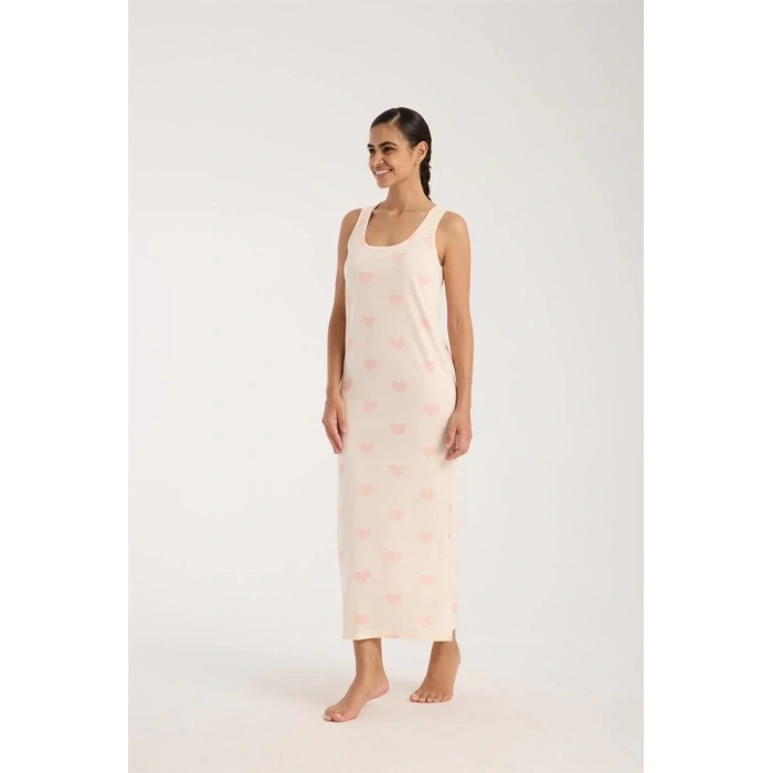 Moda Kadın Kalın Askılı Yırtmaçlı Uzun Pudra Gecelik