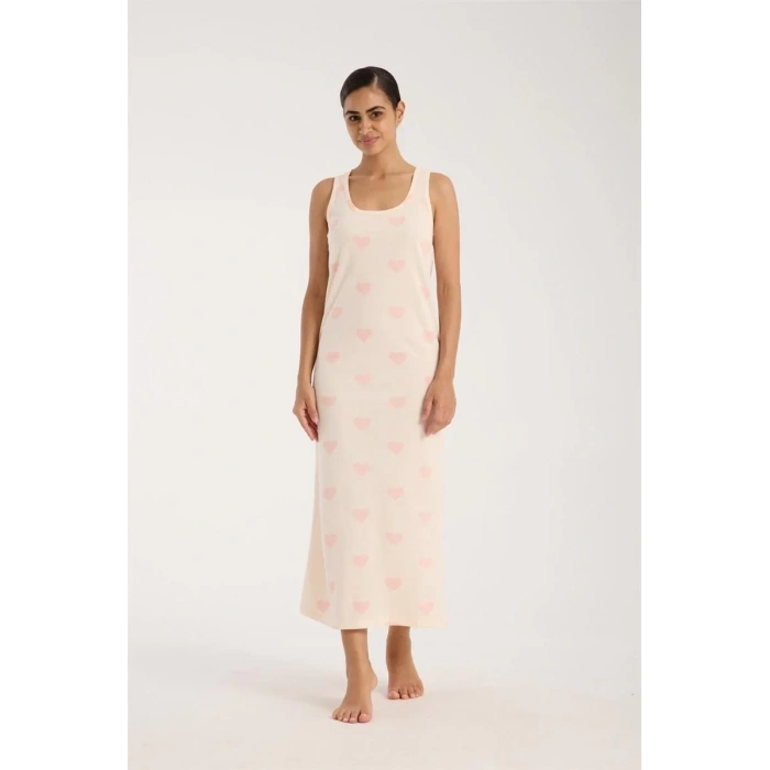 Moda Kadın Kalın Askılı Yırtmaçlı Uzun Pudra Gecelik