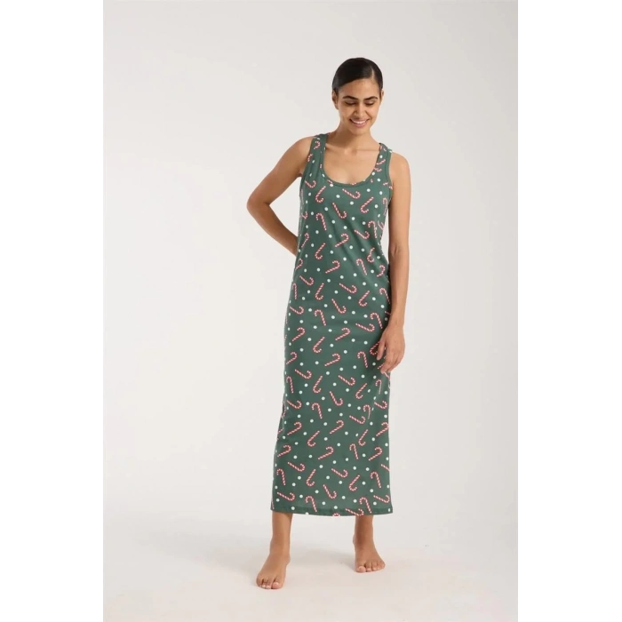 Moda Kadın Kalın Askılı Yırtmaçlı Uzun Yeşil Gecelik