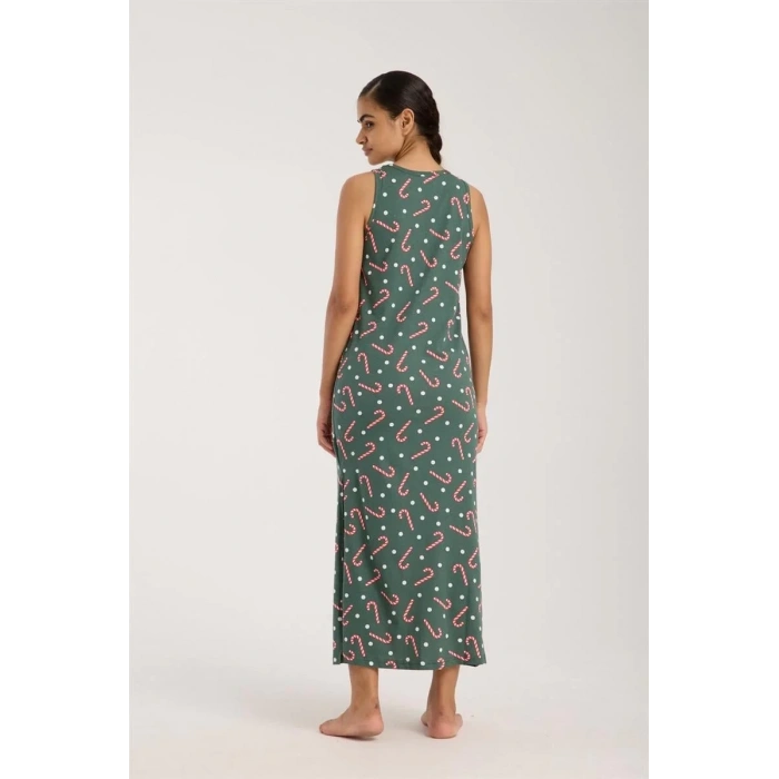 Moda Kadın Kalın Askılı Yırtmaçlı Uzun Yeşil Gecelik