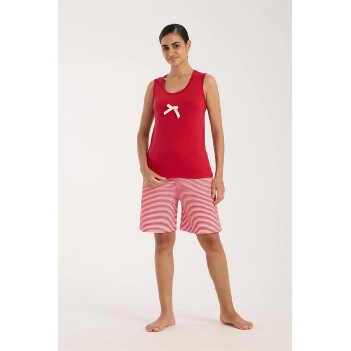 Moda Kadın Kırmızı Kurdele Detaylı Çizgili Şortlu Pijama Takımı