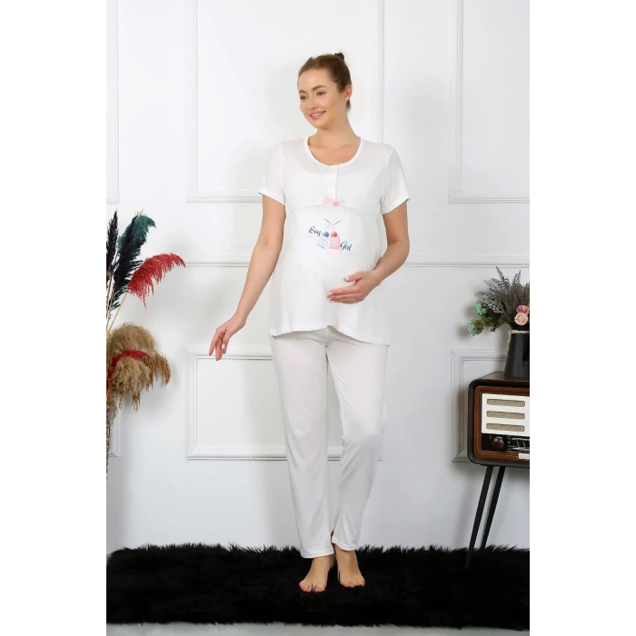 Moda Kadın Kısa Kol Hamile Lohusa Pijama Takımı Ekru