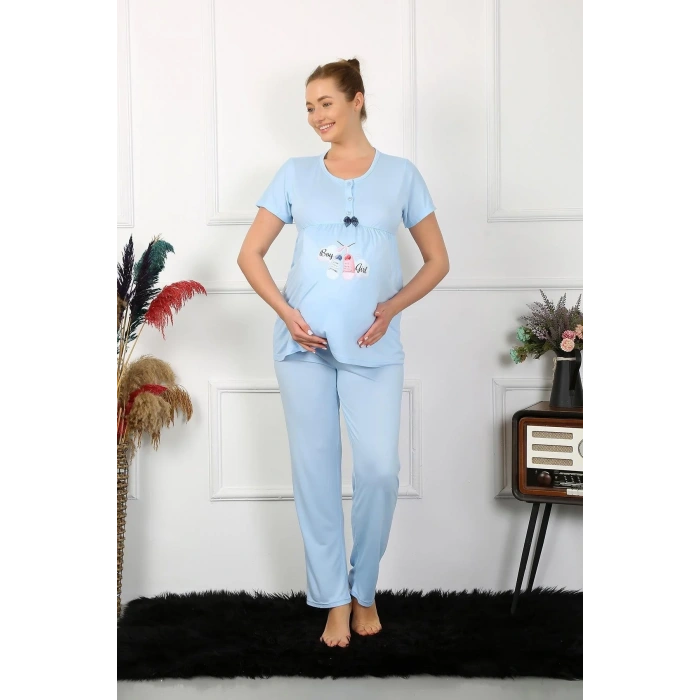 Moda Kadın Kısa Kol Hamile Lohusa Pijama Takımı Mavi