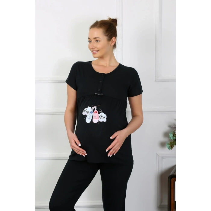 Moda Kadın Kısa Kol Hamile Lohusa Pijama Takımı Siyah