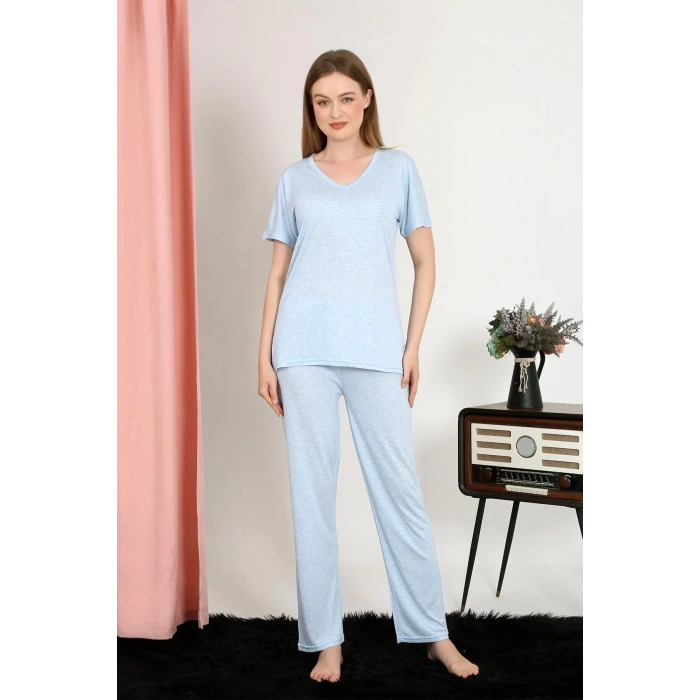 Moda Kadın Kısa Kol Pamuk Penye Pijama Takım Mavi