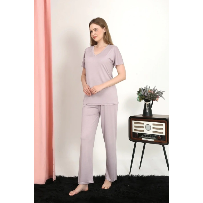 Moda Kadın Kısa Kol Pamuk Penye Pijama Takım Pudra