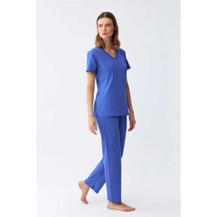 Moda Kadın Kısa Kol Pamuk Penye Pijama Takım Saks