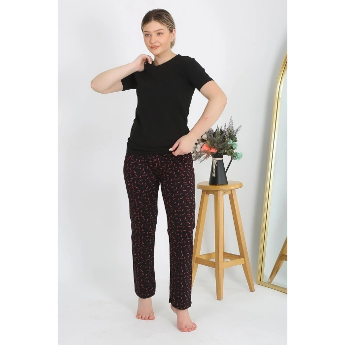 Moda Kadın Kısa Kol Pamuk Penye Pijama Takım Siyah