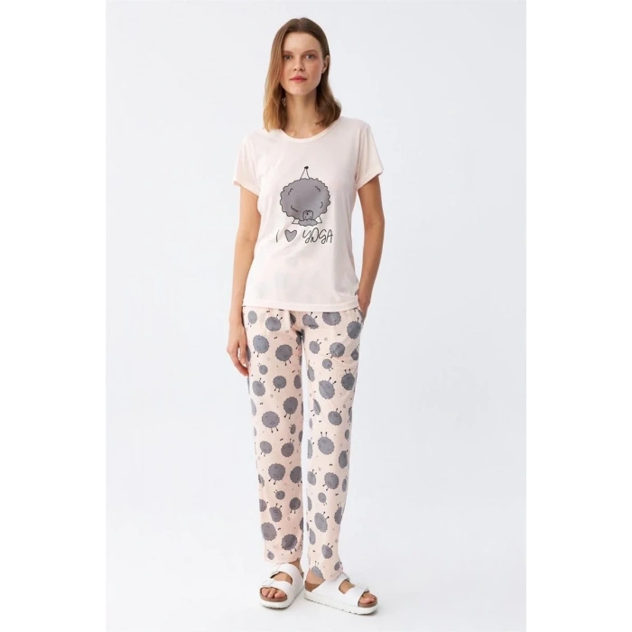 Moda Kadın Kısa Kol Pijama Takım Pudra