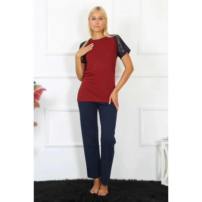 Moda Kadın Kolu Dantelli Penye Pijama Takım Bordo