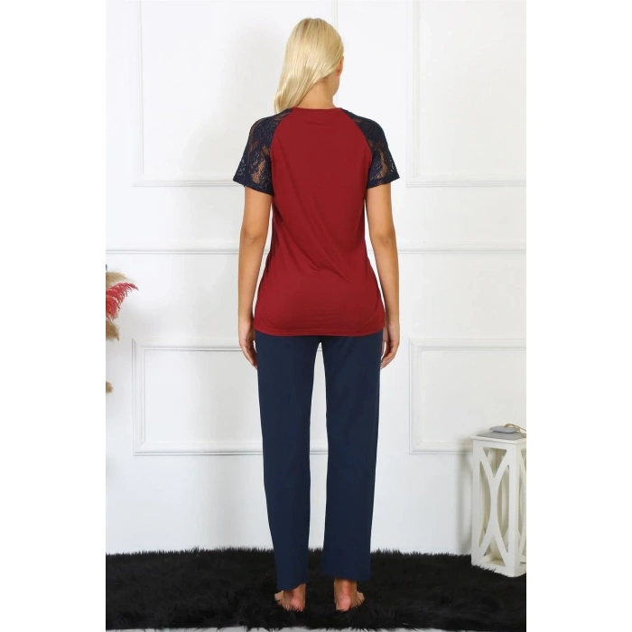 Moda Kadın Kolu Dantelli Penye Pijama Takım Bordo