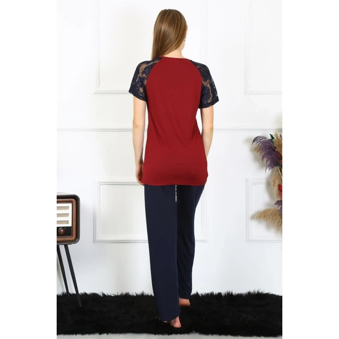 Moda Kadın Kolu Dantelli Penye Pijama Takım Bordo