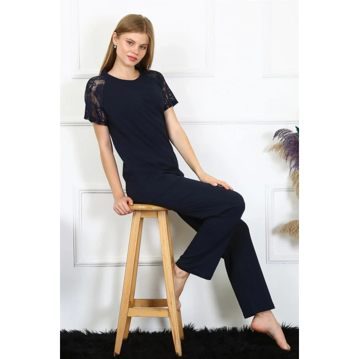 Moda Kadın Kolu Dantelli Penye Pijama Takım Lacivert