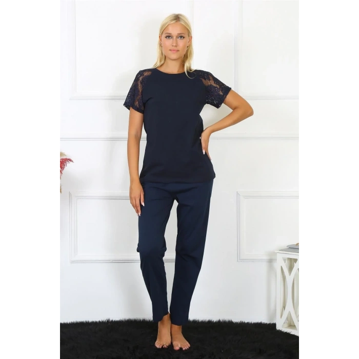 Moda Kadın Kolu Dantelli Penye Pijama Takım Lacivert