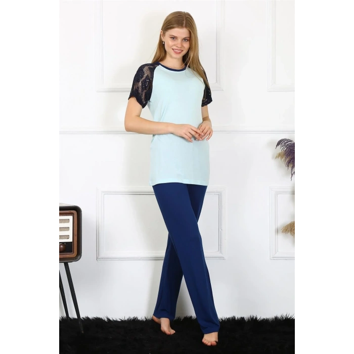 Moda Kadın Kolu Dantelli Penye Pijama Takım Su Yeşili