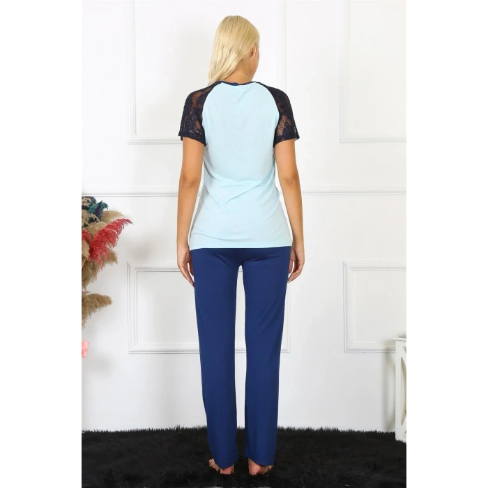 Moda Kadın Kolu Dantelli Penye Pijama Takım Su Yeşili