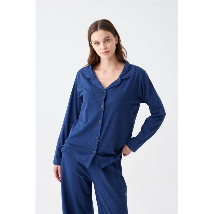 Moda Kadın Lacivert Düğmeli Yaka Detaylı Pamuklu Pijama Takımı