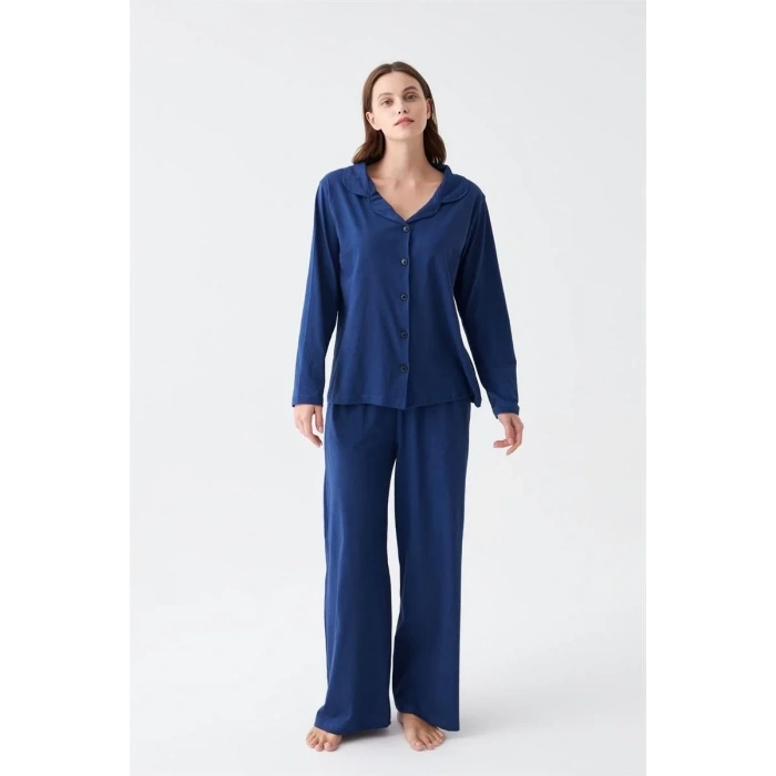 Moda Kadın Lacivert Düğmeli Yaka Detaylı Pamuklu Pijama Takımı
